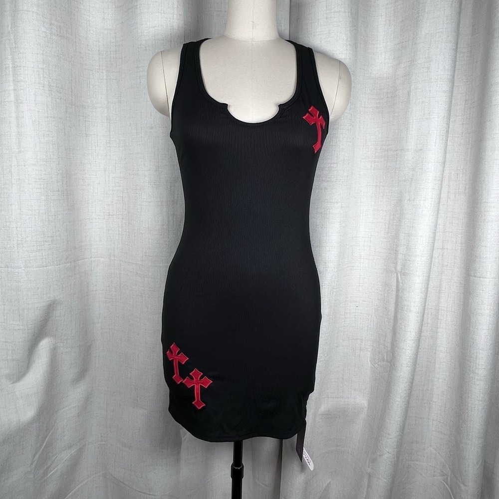 NEW! ROMWE Grunge Punk Gothic Vampire Black Red Cross Ribbed Bodycon Dress Small